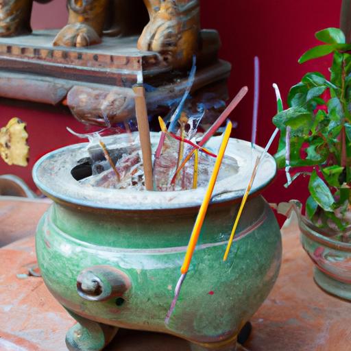Bình hương đặt trên bàn thờ và những vật dụng linh thiêng khác được sử dụng trong các đền Phật tại Việt Nam.