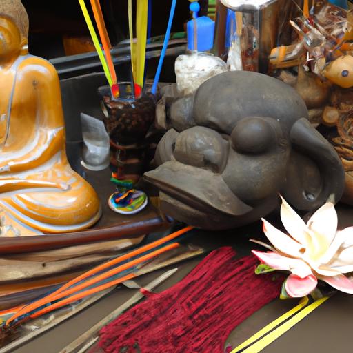 Một bộ sưu tập các vật dụng cầu nguyện truyền thống Việt Nam bao gồm nhang, hoa sen và tượng Phật gỗ.