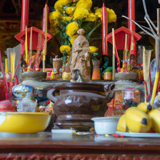 Bộ sưu tập các vật dụng được sử dụng trong lễ cúng tại một ngôi chùa ở quận Tân Bình.