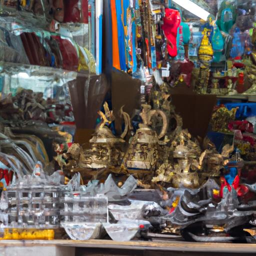 Một bộ sưu tập các đồ thờ cúng được thiết kế tỉ mỉ tại một chợ đông đúc ở Đà Nẵng.