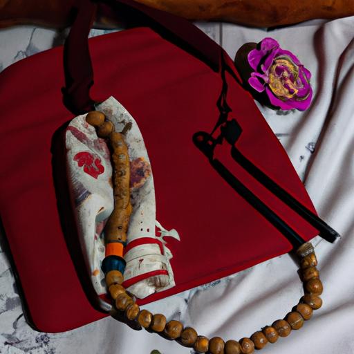 Bộ sưu tập đồ dùng cho thiền và cầu nguyện, bao gồm áo choàng, chuỗi hạt cầu nguyện và chiếc túi nhỏ.