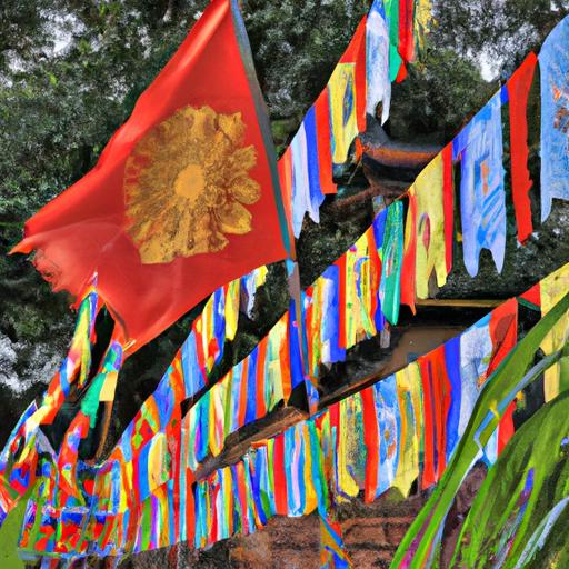 Các lá cờ đủ màu sắc đang được treo dọc theo con đường dẫn vào chùa.