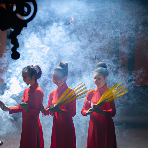 Nhóm phụ nữ mặc đồ lam đi chùa thắp hương tại một ngôi đền ở Hà Nội.