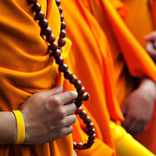 Nhóm các vị sư Phật giáo mặc áo lễ truyền thống và cầm chuỗi hạt