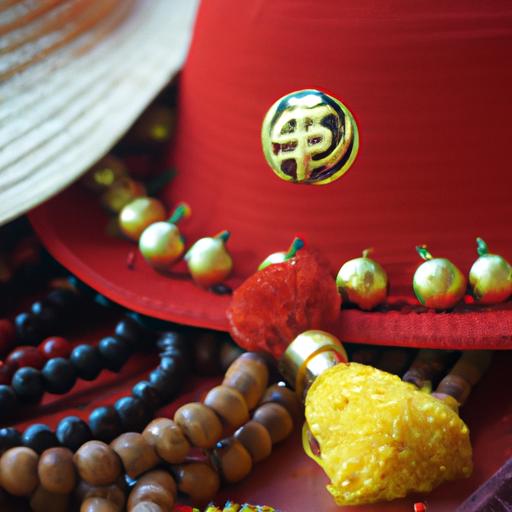 Một góc chụp cận cảnh của các món đồ lam đi chùa như nón, áo choàng và chuỗi hạt cầu nguyện.