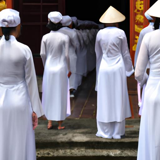 Những người đeo đồ lam đi chùa màu trắng tại đền thờ mang lại sự trang nghiêm và tôn kính đối với nghi lễ tôn giáo.