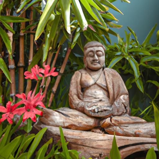 Một tượng Phật gỗ được chạm khắc tinh xảo trong một vườn yên bình