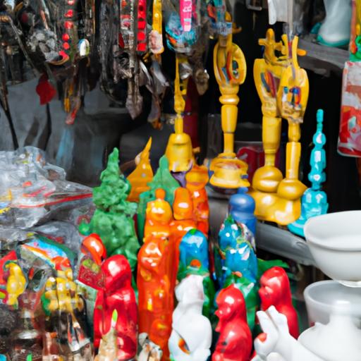 Bàn trưng bày các vật phẩm tôn giáo truyền thống Việt Nam để bán tại chợ Gò Vấp